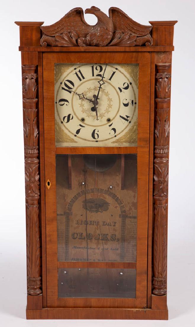 JEROMES & DARROW BRISTOL, CT, CARVED WALNUT MANTLE /: JEROMES & DARROW BRISTOL, CT, CARVED WALNUT MANTLE / SHELF CLOCK, with carved eagle splat, with interior label "EIGHT DAY CLOCKS / Manufactured and Sold By / Jeromes & Darrow / Bristol, Connecticut", 