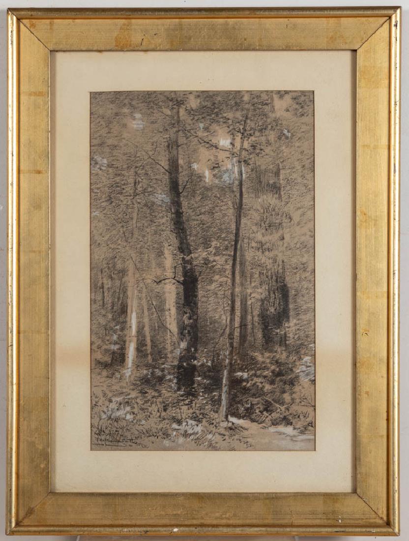 FRANCIS HOPKINSON SMITH (AMERICAN, 1838-1915) LANDSCAPE: FRANCIS HOPKINSON SMITH (AMERICAN, 1838-1915) LANDSCAPE, charcoal on paper, forest interior, signed lower left. Housed under glass in an old, possibly original, gilt frame. Late 19th/early 20th centur