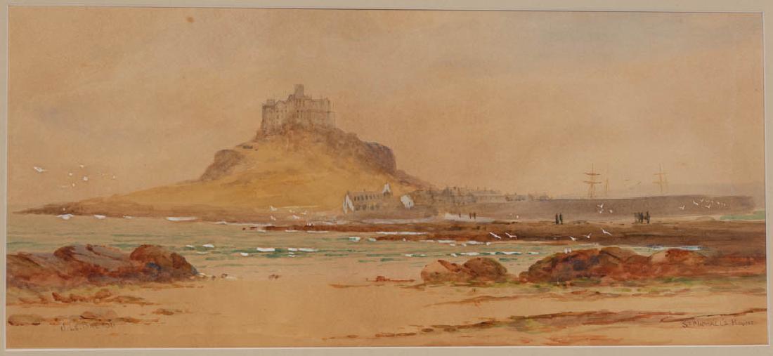 J. LE. BRETON (ENGLISH SCHOOL) 19TH C. COASTAL PAINTING: J. LE. BRETON (ENGLISH SCHOOL) 19TH C. COASTAL PAINTING, watercolor on paper, signed lower left "J. LE. BRETON", and titled lower right "ST. MICHAEL'S MOUNT", all art dealer logo on the back "From JOH