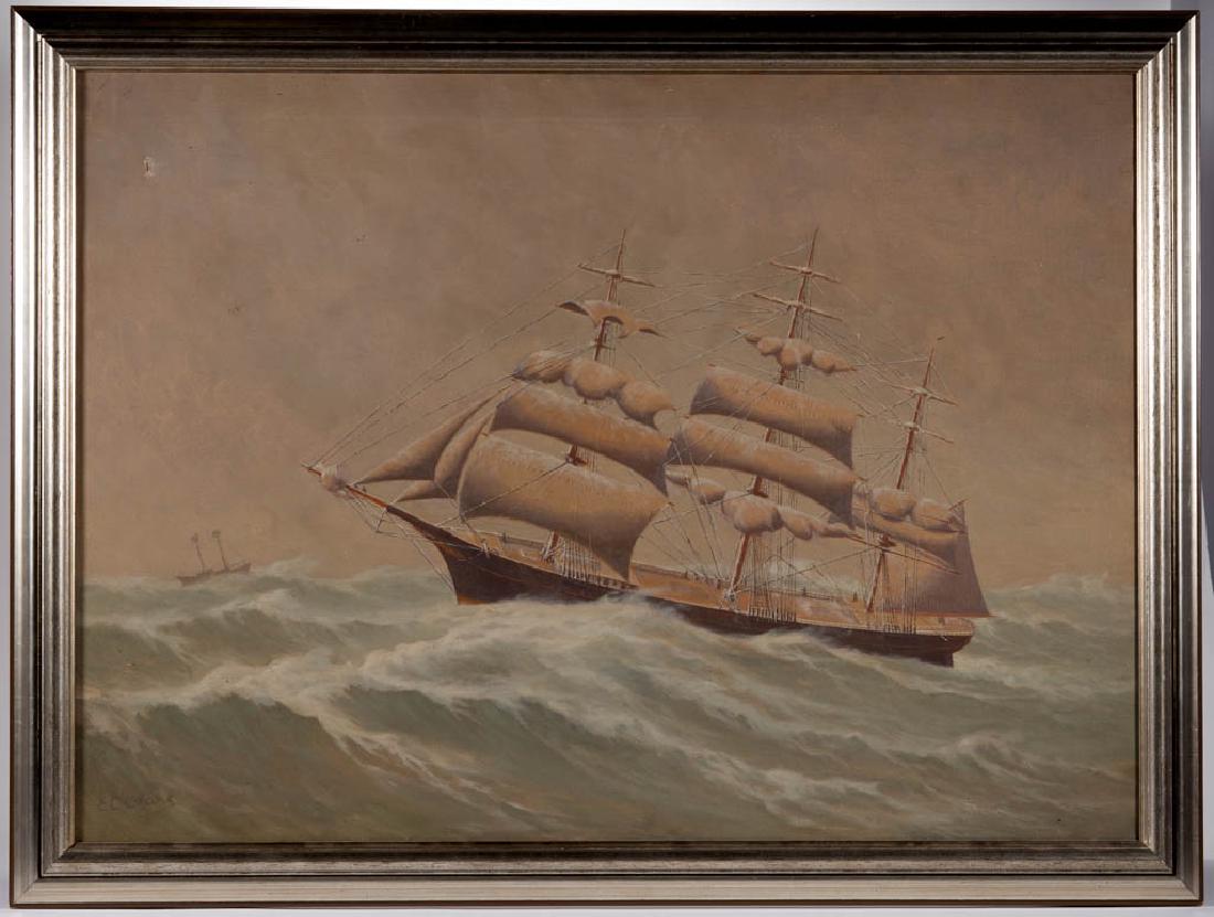ELIOT CANDEE CLARK (AMERICAN, 1883-1980) NAUTICAL: ELIOT CANDEE CLARK (AMERICAN, 1883-1980) NAUTICAL PAINTING, oil on canvas, three-masted clipper ship in rough seas, signed lower left. Housed in a modern frame. Late 19th/early 20th century. 25 1/2" x