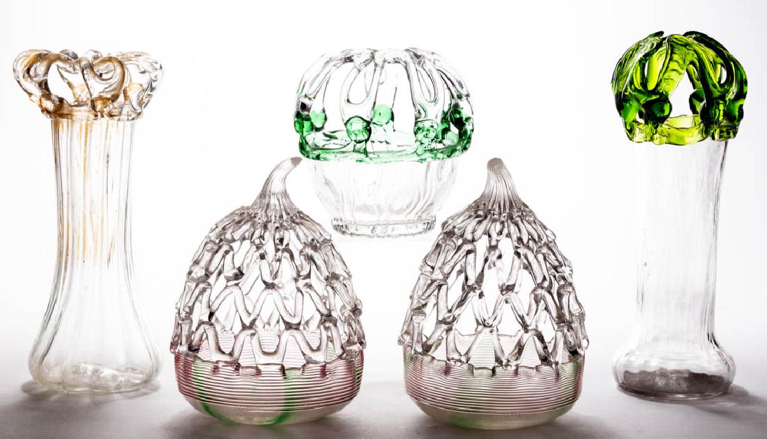 ASSORTED BLOWN GLASS BRIDE'S WEDDING BANKS / ARRANGERS,: ASSORTED BLOWN GLASS BRIDE'S WEDDING BANKS / ARRANGERS, LOT OF FIVE, colorless, comprising a crown-form example with pattern-molded base and green rim, a pair of pear-form examples with green stripes,