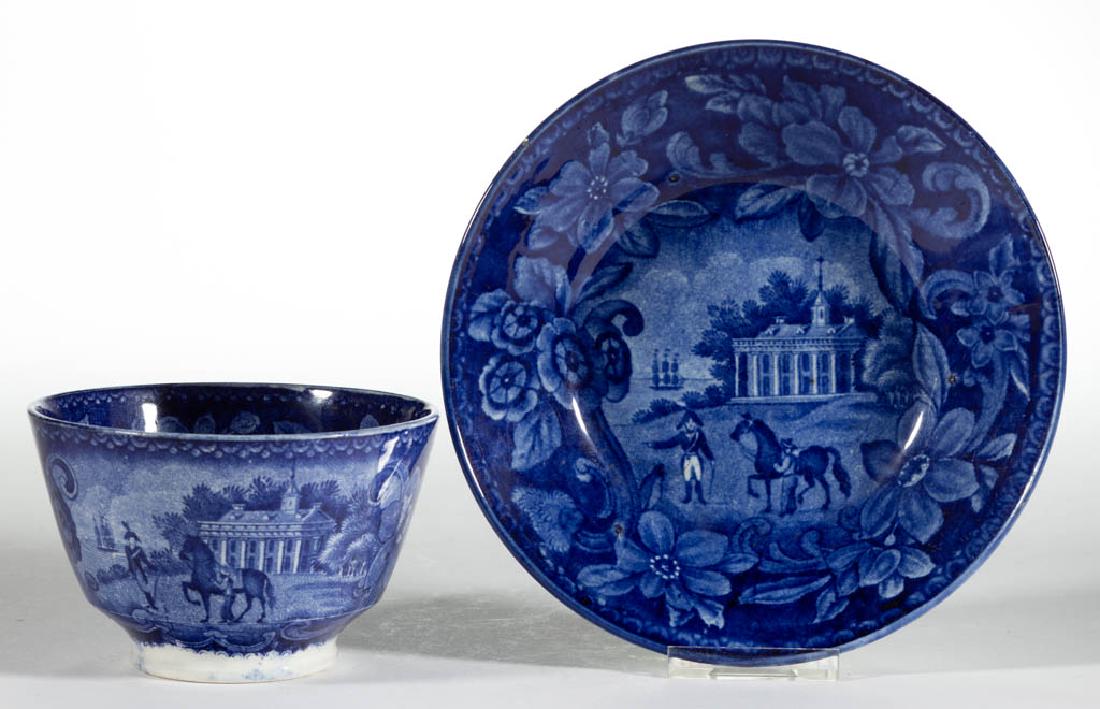ENGLISH STAFFORDSHIRE PEARLWARE TRANSFER-PRINTED: ENGLISH STAFFORDSHIRE PEARLWARE TRANSFER-PRINTED AMERICAN HISTORICAL CERAMIC CUP AND SAUCER SET, having dark blue transfer image featuring Mount Vernon on right with three-masted ship on left, having