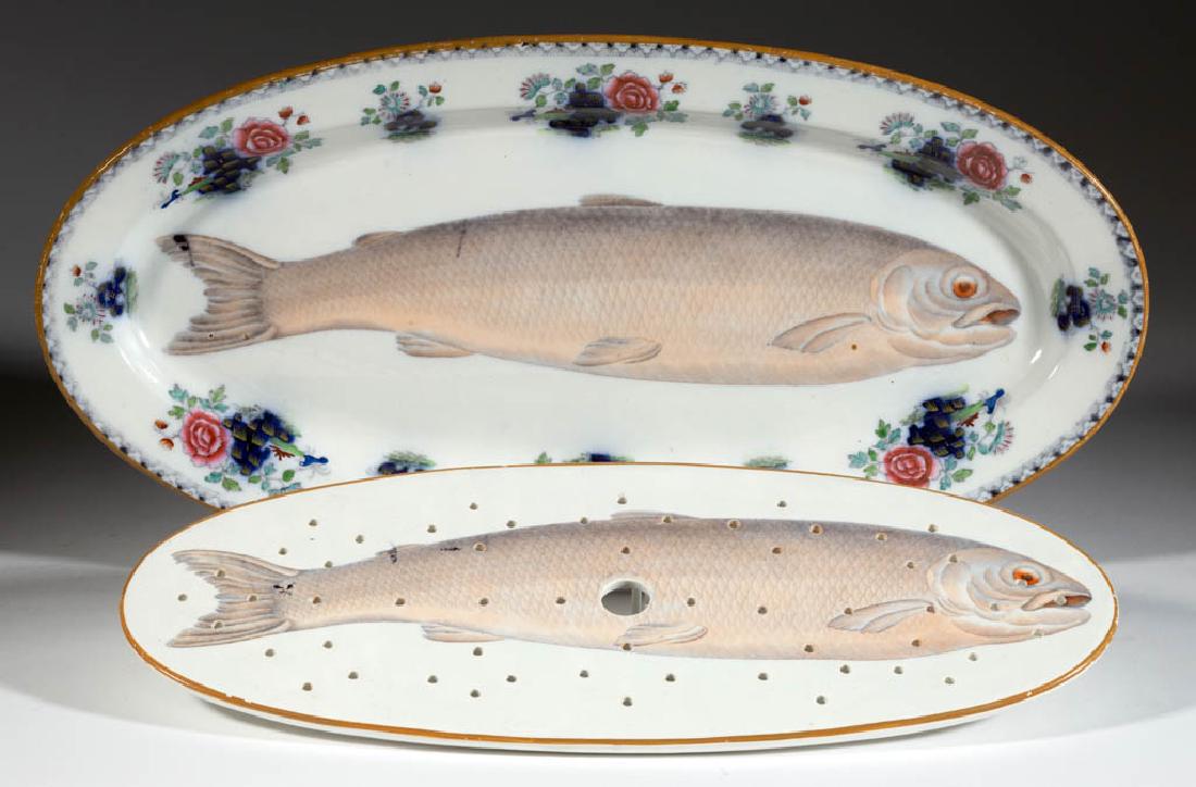 ENGLISH STAFFORDSHIRE MASON'S-STYLE IRONSTONE FISH: ENGLISH STAFFORDSHIRE MASON'S-STYLE IRONSTONE FISH PLATTER AND INSERT, elongated oval-shaped, each having central transfer polychrome images of a fish with mustard enameled rim and platter with a bold