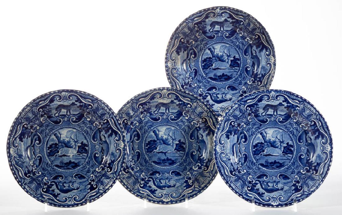 ENGLISH STAFFORDSHIRE PEARLWARE TRANSFER-PRINTED: ENGLISH STAFFORDSHIRE PEARLWARE TRANSFER-PRINTED "QUADRUPEDS" CERAMIC PLATES, LOT OF FOUR, having dark blue central transfer image of a leaping/running antelope with animal border decoration. Printed
