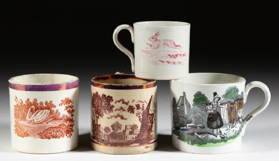 ENGLISH STAFFORDSHIRE TRANSFER-PRINTED CERAMIC: ENGLISH STAFFORDSHIRE TRANSFER-PRINTED CERAMIC CHILDREN'S MUGS, LOT OF FOUR, comprising one featuring a charming black transfer image of girls with chickens and a cat having polychrome enamel decorati