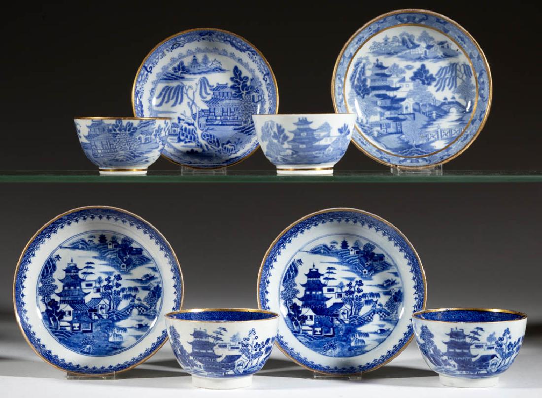 ENGLISH STAFFORDSHIRE TRANSFER-PRINTED CHINOISERIE: ENGLISH STAFFORDSHIRE TRANSFER-PRINTED CHINOISERIE CERAMIC CUP AND SAUCER SETS, LOT OF FOUR, comprising two having "Two Figures on a Bridge" motif with dagger and gilt border, attributed to Mason & Wo
