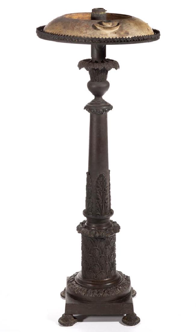 CAST-BRONZE SINUMBRA LAMP BASE: CAST-BRONZE SINUMBRA LAMP BASE, ebony patina, tall columnar form with a circular font to the top, Classical urn connector with tapered standard having applied metal-overlay decoration, cylindrical ste