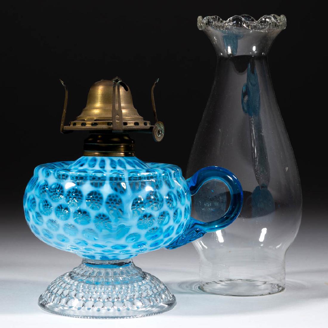 HOBBS NO. 326 WINDOWS / COIN DOT KEROSENE FOOTED FINGER: HOBBS NO. 326 WINDOWS / COIN DOT KEROSENE FOOTED FINGER LAMP, Sapphire/blue opalescent, colorless foot, blue applied handle with pressed rib pattern to lower terminal, No. 1 Taplin-Brown collar. Fitte