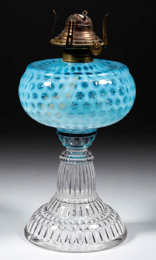 HOBBS NO. 326 WINDOWS / COIN DOT KEROSENE STAND LAMP: HOBBS NO. 326 WINDOWS / COIN DOT KEROSENE STAND LAMP, Sapphire/blue opalescent font, colorless base, large size, No. 1 Taplin-Brown collar. Fitted with a No. 1 "REX" slip burner. Serrated-scalloped to