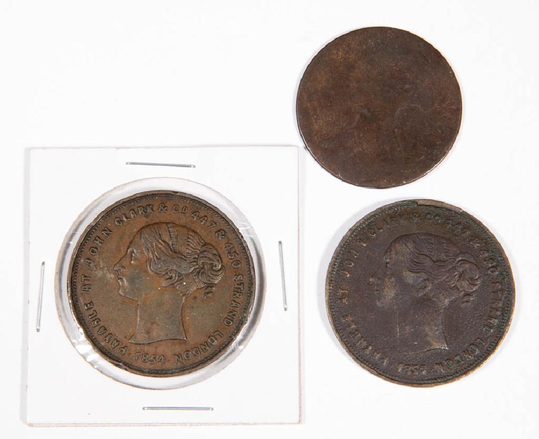 ASSORTED JOHN CLARK & CO. FAIRY LAMP ADVERTISING COINS,: ASSORTED JOHN CLARK & CO. FAIRY LAMP ADVERTISING COINS, LOT OF THREE, comprising two stating "CLARK'S PATENT LAMPS ARE THE BEST/PAYABLE TO JOHN CLARK & CO. 447 & 450 STRAND LONDON 1854", and one faint