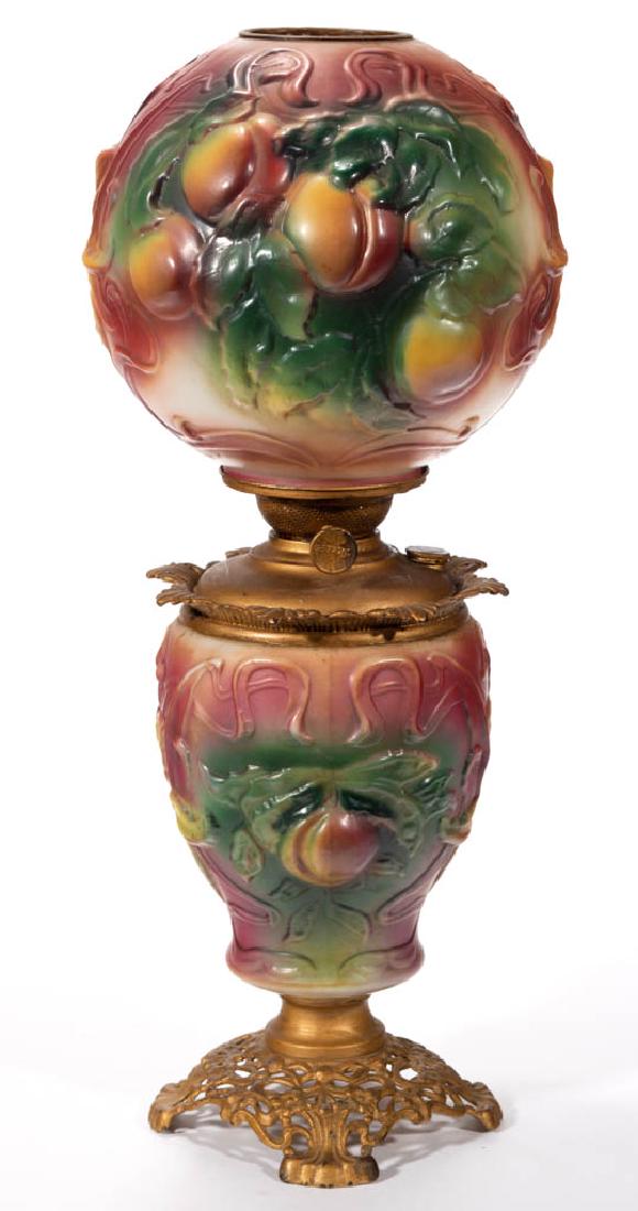 PITTSBURGH PEACHES KEROSENE GONE WITH THE WIND / PARLOR: PITTSBURGH PEACHES KEROSENE GONE WITH THE WIND / PARLOR LAMP, opaque white having Decoration A color variation, matching decorated ball-form shade having a brass heat ring, elongated-form font vase to