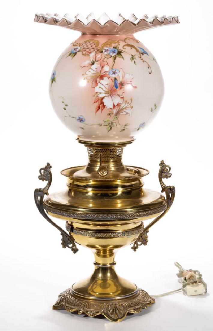UNUSUAL DECORATED GONE WITH THE WIND PARLOR / BANQUET: UNUSUAL DECORATED GONE WITH THE WIND PARLOR / BANQUET LAMP SHADE, opaque white/milk glass with shaded pink ground and polychrome-enamel decoration, ball form with a large overhanging crimped fan top,