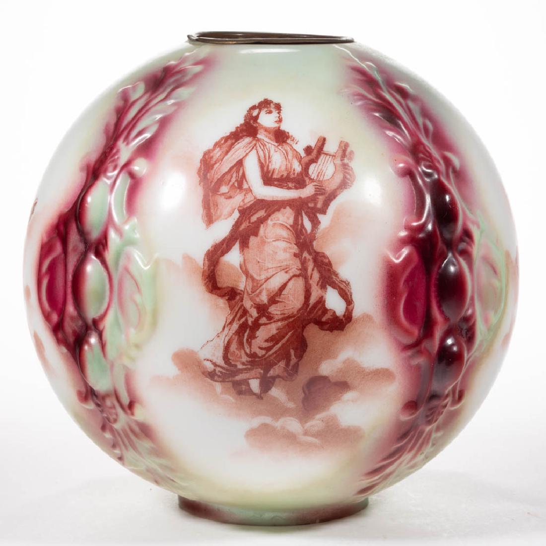 PITTSBURGH HONEYCOMB AND MEDALLION VARIANT LAMP SHADE: PITTSBURGH HONEYCOMB AND MEDALLION VARIANT LAMP SHADE, opaque white/milk glass with maiden and cherub decoration, original shade ring. Pittsburgh Lamp, Brass & Glass Co. Late 19th/early 20th century.