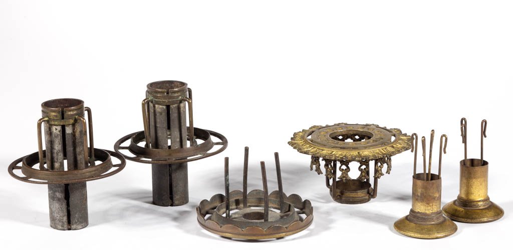 ASSORTED ASTRAL / SOLAR LAMP BURNER PARTS, LOT OF SIX: ASSORTED ASTRAL / SOLAR LAMP BURNER PARTS, LOT OF SIX, including two wick tubes with attached shade rings and a fancy shade ring/chimney holder. Various makers. First half 19th century. Undamaged with