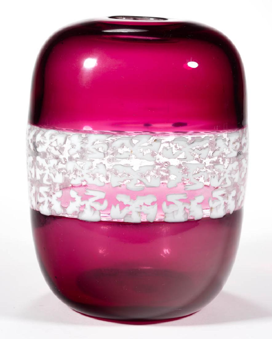 LUCIANO GASPARI FASCIA MURRINE ART GLASS VASE: LUCIANO GASPARI FASCIA MURRINE ART GLASS VASE, cylindrical form with cranberry top and bottom, medial colorless band consisting of three rows of square murrine canes, polished base signed "VENICE 1964