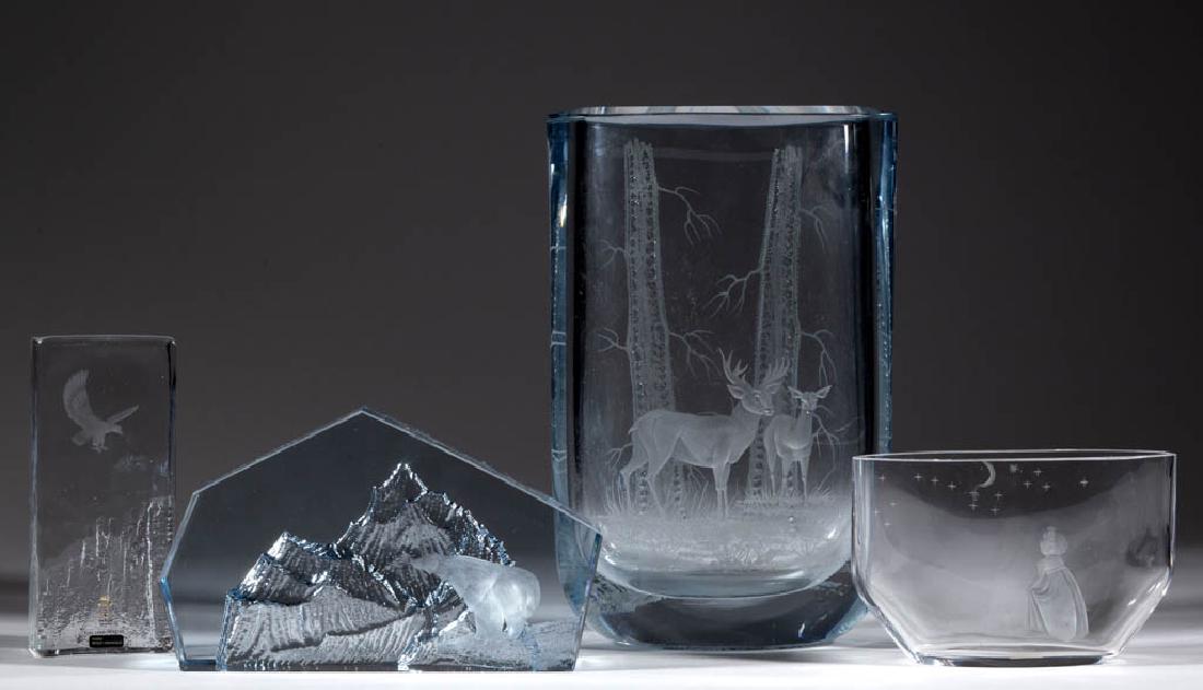 ASSORTED SWEDISH STUDIO ART GLASS ARTICLES, LOT OF FOUR: ASSORTED SWEDISH STUDIO ART GLASS ARTICLES, LOT OF FOUR, colorless, comprising an Orrefors pillow vase with engraved decoration depicting a girl looking at the stars, an illegibly signed polar bear wi