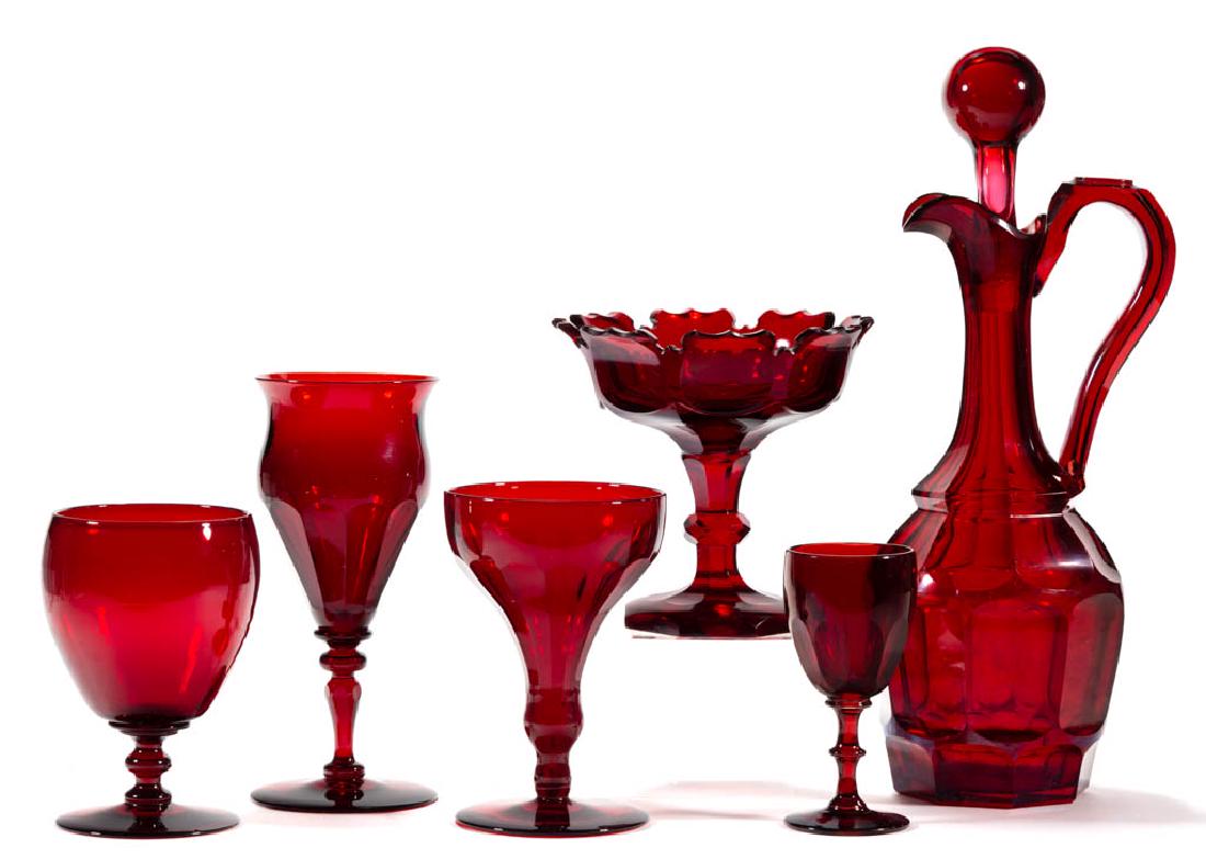 ASSORTED RUBY GLASS ARTICLES, LOT OF SIX: ASSORTED RUBY GLASS ARTICLES, LOT OF SIX, including a Bohemian cut compote with a Moorish rim and single-knop stem, and a Bohemian ewer with a cut Ashburton-type pattern and ruby hollow stopper. Vario