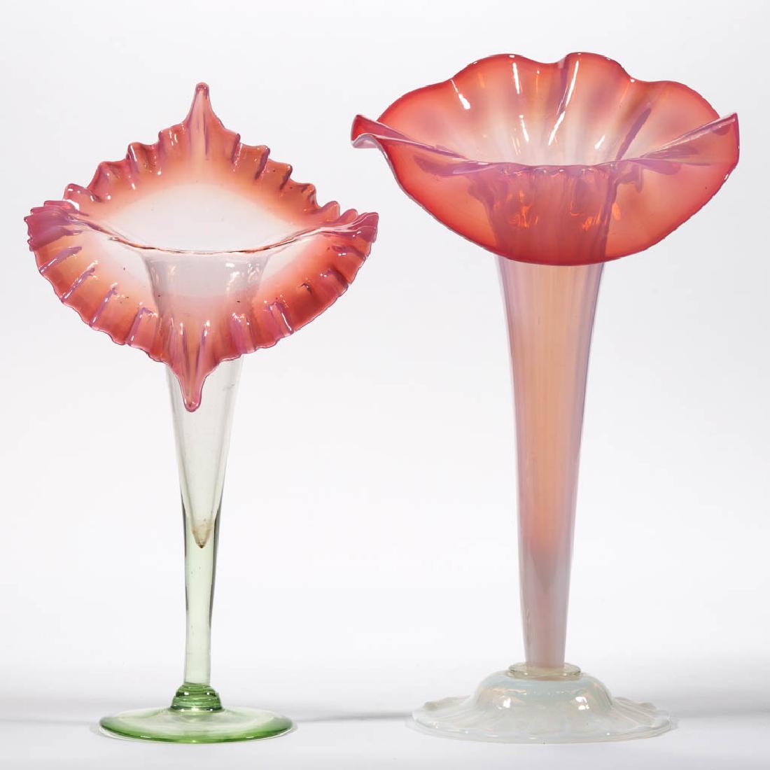 ASSORTED VICTORIAN GLASS JACK-IN-THE-PULPIT VASES, LOT: ASSORTED VICTORIAN GLASS JACK-IN-THE-PULPIT VASES, LOT OF TWO, comprising a rubina verde (reacts under black light) and a cranberry opalescent example. Various makers. Late 19th/early 20th century. Ru