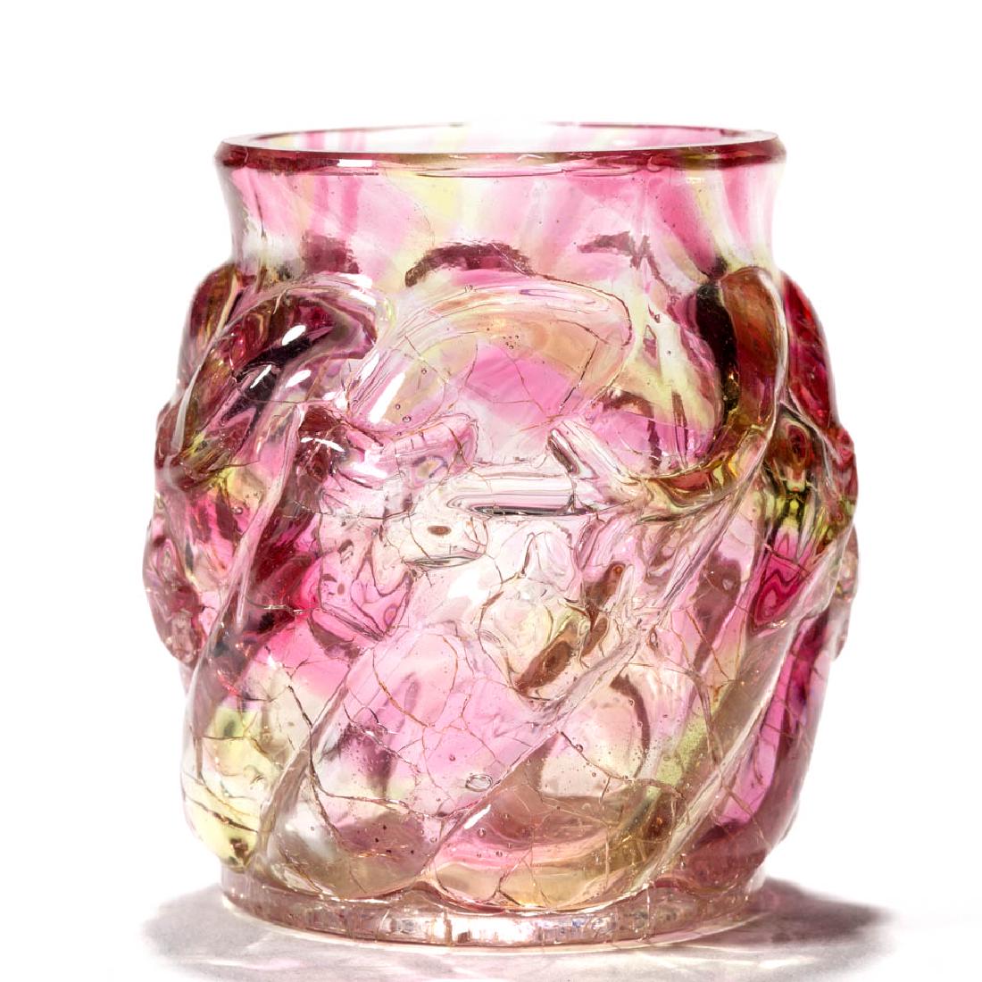NORTHWOOD NO. 287 / ROYAL IVY TOOTHPICK HOLDER: NORTHWOOD NO. 287 / ROYAL IVY TOOTHPICK HOLDER, colorless craquelle with cranberry and yellow spatter, full height factory-polished rim. Northwood Glass Co. Pattern introduced 1890. 2 1/4" H.Undamaged