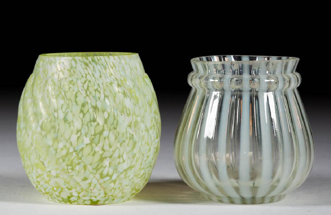 NORTHWOOD GLASS TOOTHPICK HOLDERS, LOT OF TWO: NORTHWOOD GLASS TOOTHPICK HOLDERS, LOT OF TWO, comprising a Vaseline (reacts under black light) Speckled Swirl/Granite Ware, and a colorless opalescent No. 285/Ring-Neck Stripe. Late 19th/early 20th c