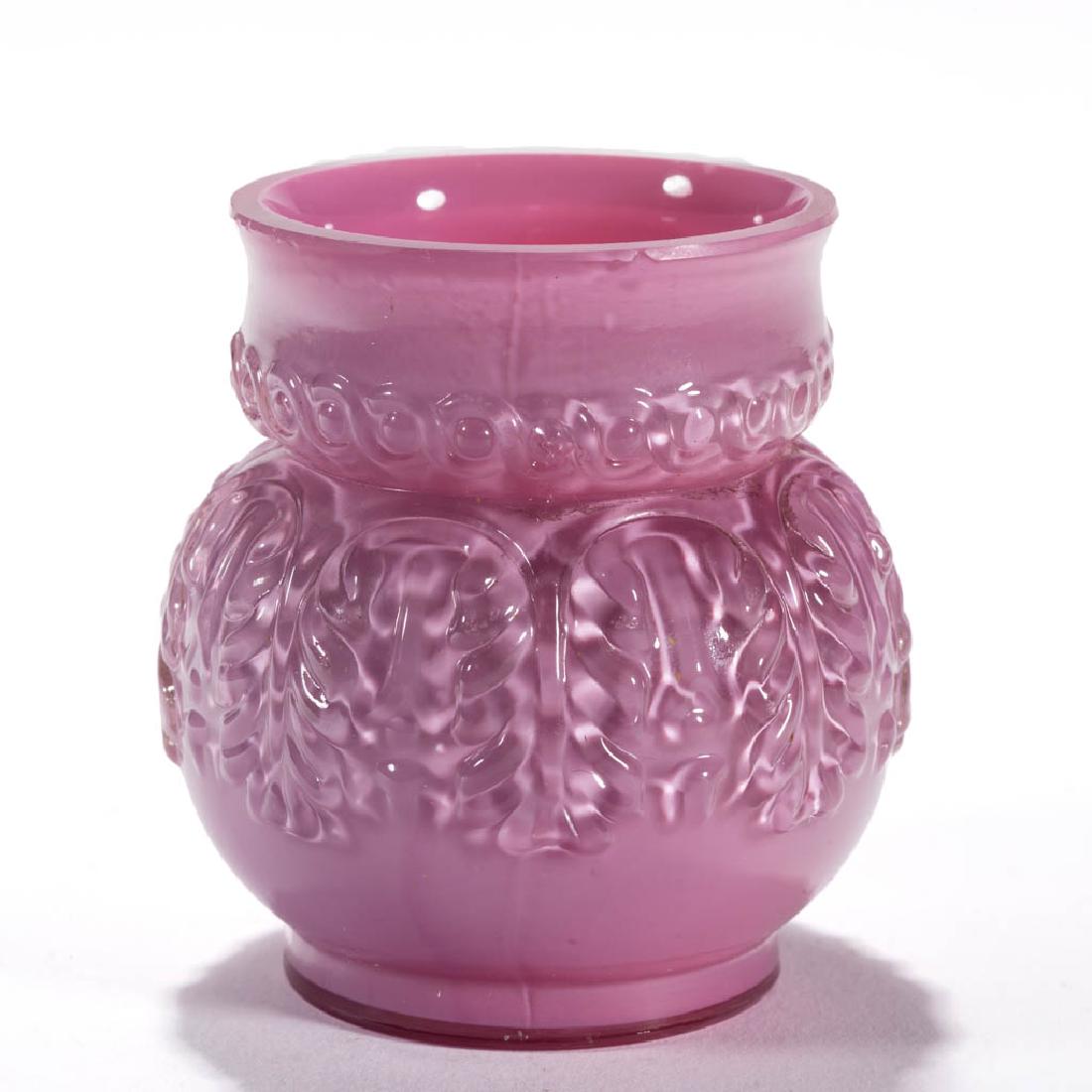 NORTHWOOD NO. 263 / LEAF UMBRELLA TOOTHPICK HOLDER: NORTHWOOD NO. 263 / LEAF UMBRELLA TOOTHPICK HOLDER, Rose duBarry cased colorless, full height factory-polished rim. Northwood Glass Co. Pattern introduced 1889. 2 3/8" H.Undamaged.Literature: Parallel