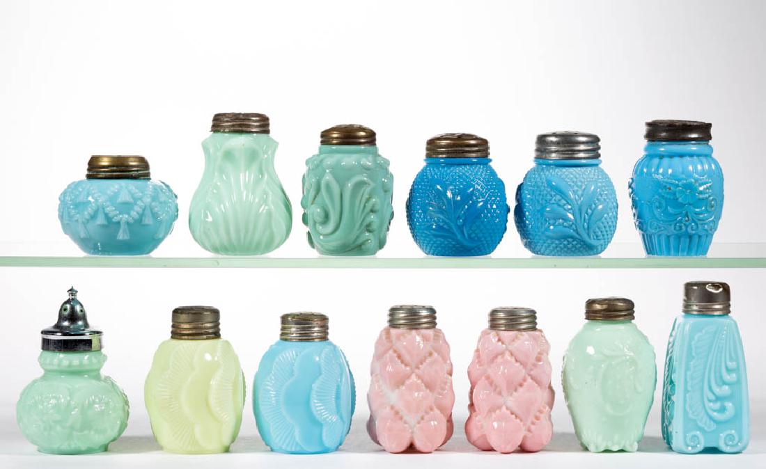 ASSORTED OPAQUE GLASS SALT AND PEPPER SHAKERS, LOT OF: ASSORTED OPAQUE GLASS SALT AND PEPPER SHAKERS, LOT OF 13, various colors, including two Sunset, a Cord and Tassel, and two Cone examples; each with a period lid. Consolidated Lamp & Glass Co. Late 19t