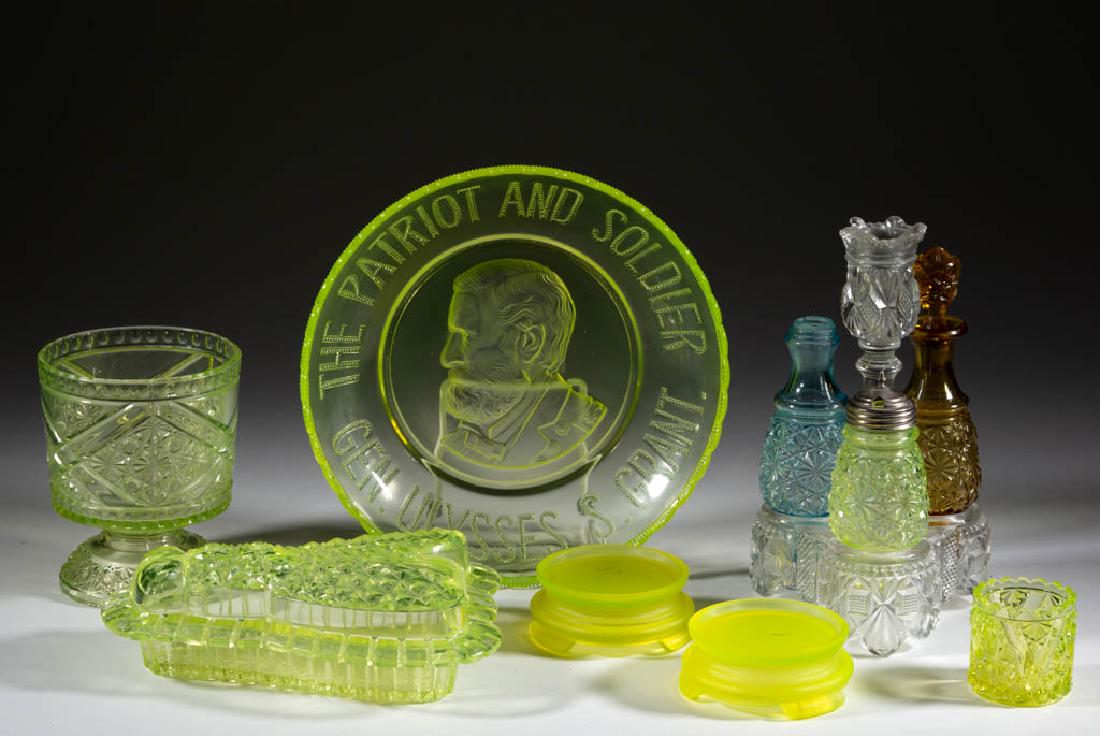 ASSORTED EAPG AND OTHER ARTICLES, LOT OF SEVEN: ASSORTED EAPG AND OTHER ARTICLES, LOT OF SEVEN, Vaseline (reacts under black light), amber, blue, and colorless, including a novelty Bee/Fly covered dish and a Button & Daisy three-bottle caster set. 