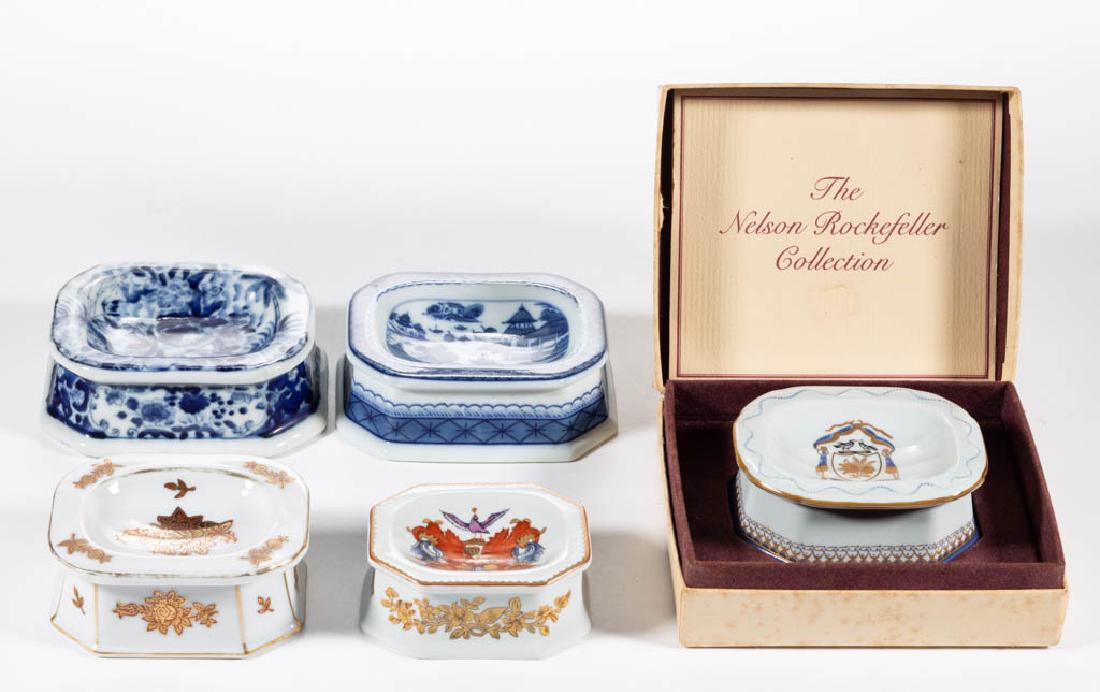 PORTUGUESE MOTTAHEDEH REPRODUCTION CERAMIC SALT: PORTUGUESE MOTTAHEDEH REPRODUCTION CERAMIC SALT TRENCHERS, LOT OF THREE, consisting of two armorial motif examples from the Nelson Rockefeller Collection, one in original box, and one Historical Charl
