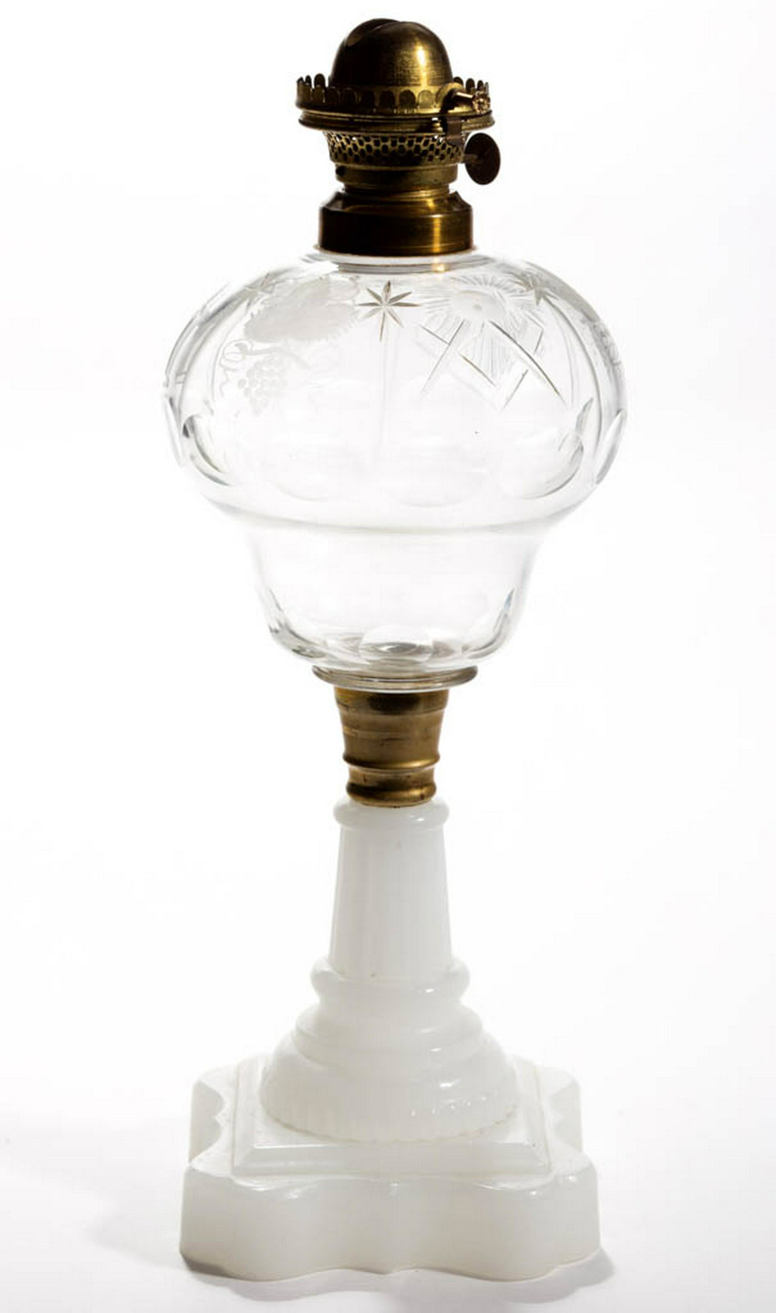 MAGNET AND GRAPE AND MASONIC ENGRAVED KEROSENE STAND: MAGNET AND GRAPE AND MASONIC ENGRAVED KEROSENE STAND LAMP, colorless font, alabaster/clambroth Baroque base, pyriform font with alternating Magnet and Grape and Masonic imagery including a compass and