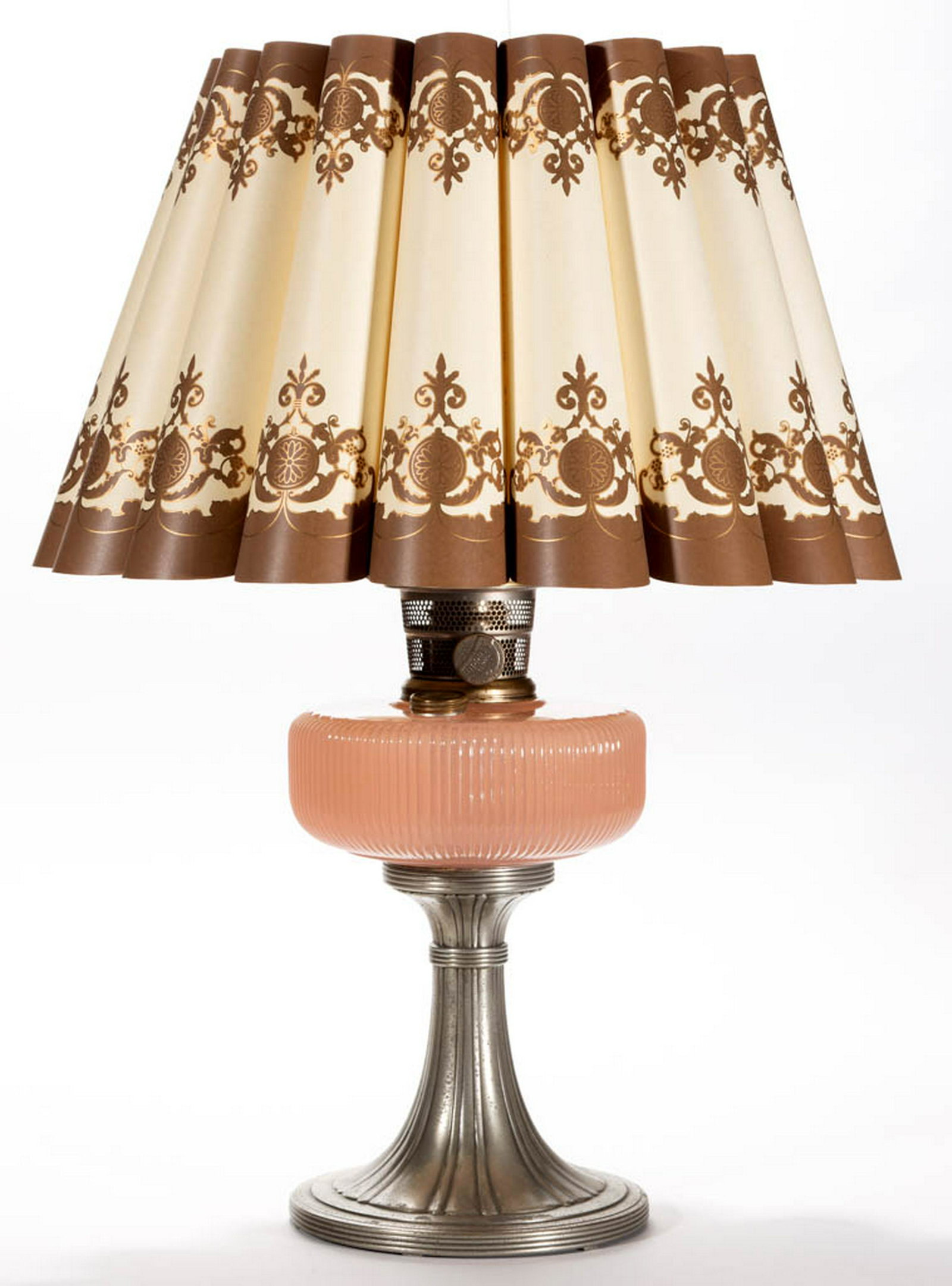 ALADDIN MODEL B-98 / QUEEN KEROSENE STAND LAMP: ALADDIN MODEL B-98 / QUEEN KEROSENE STAND LAMP, Rose Moonstone, silver-plated base. Fitted with a complete nickel Model-B burner, mantle, three-line chimney, and reproduction Aladdin parchment shade. 