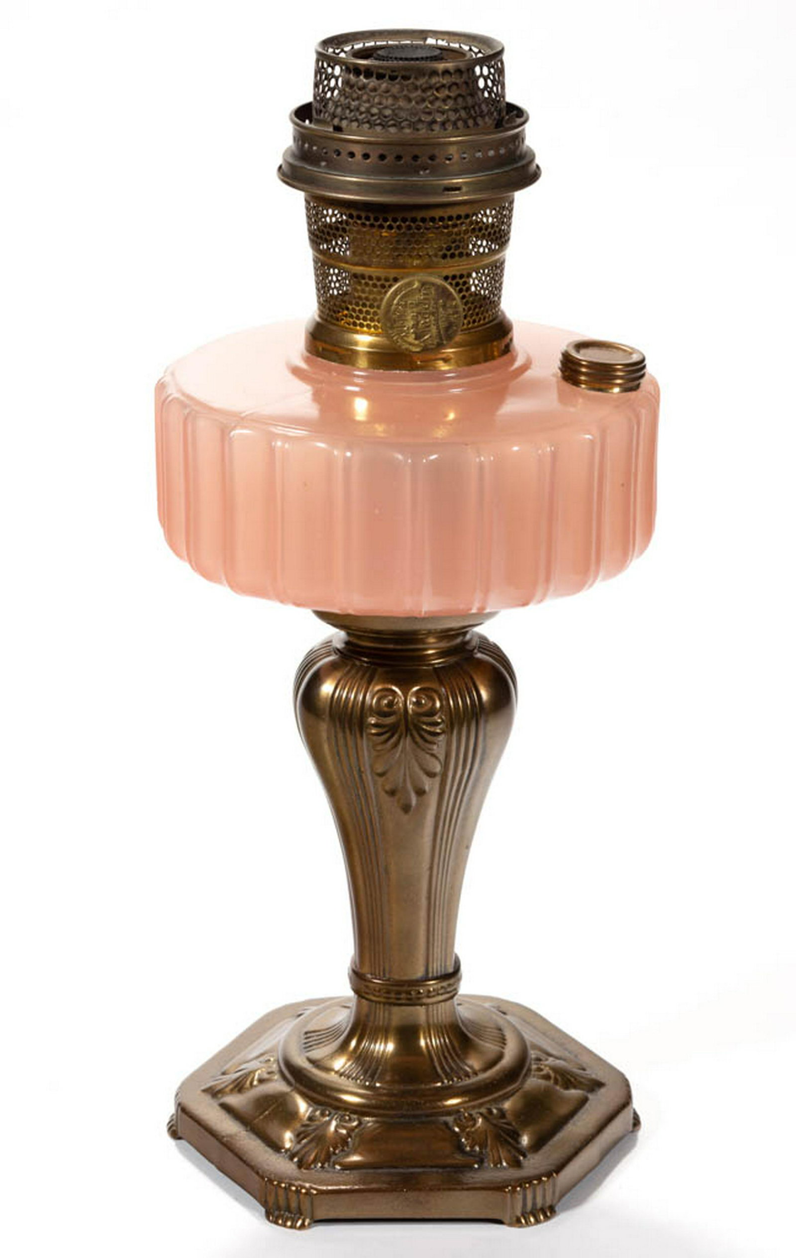 ALADDIN MODEL B-121 / MAJESTIC KEROSENE STAND LAMP: ALADDIN MODEL B-121 / MAJESTIC KEROSENE STAND LAMP, Rose Moonstone, gold-plated base, side refill feature. Fitted with a complete Model B burner. The Mantle Lamp Company of America (Aladdin). 1935-193