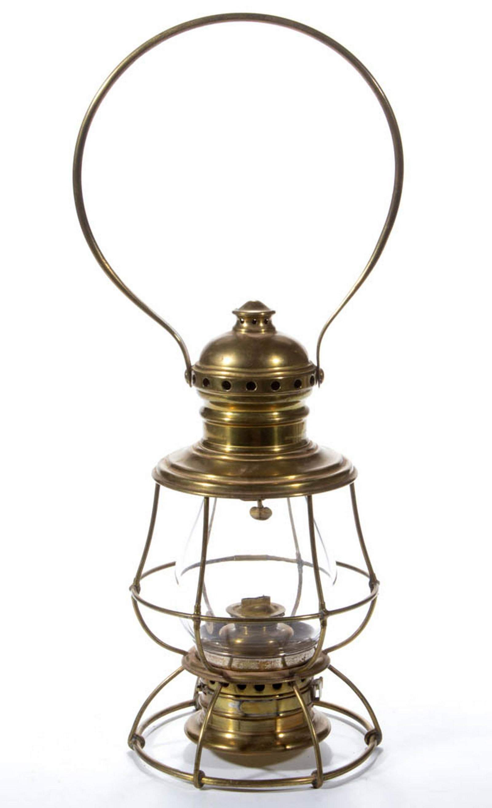 BRASS C. T. HAM'S NO. 3 CONDUCTOR'S RAILROAD LANTERN: BRASS C. T. HAM'S NO. 3 CONDUCTOR'S RAILROAD LANTERN AND GLOBE, bail handle with hinged top, wire guard and bottom, removable colorless globe. Fitted with a cylinder-form font holder with bayonet catc