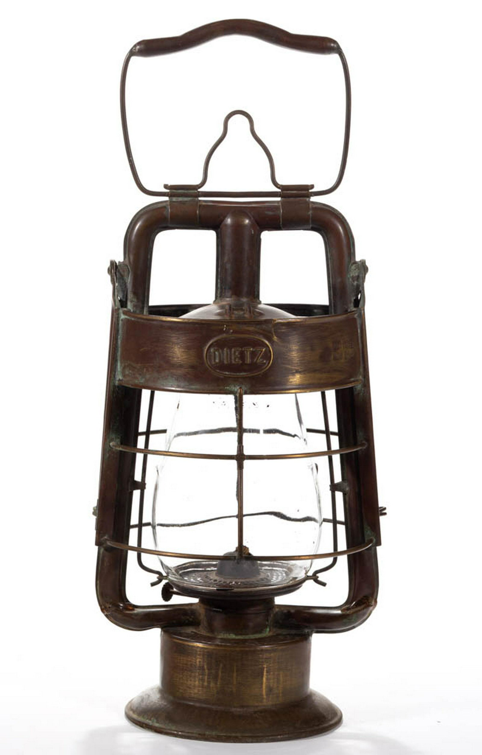 DIETZ "KING" FIRE DEPARTMENT BRASS HOT-BLAST TUBULAR: DIETZ "KING" FIRE DEPARTMENT BRASS HOT-BLAST TUBULAR LANTERN, bail handle and apparatus hook, wind guard embossed "DIETZ" to each side and "PATENTED AUG. 27.07" to one panel, flat-top font embossed "D