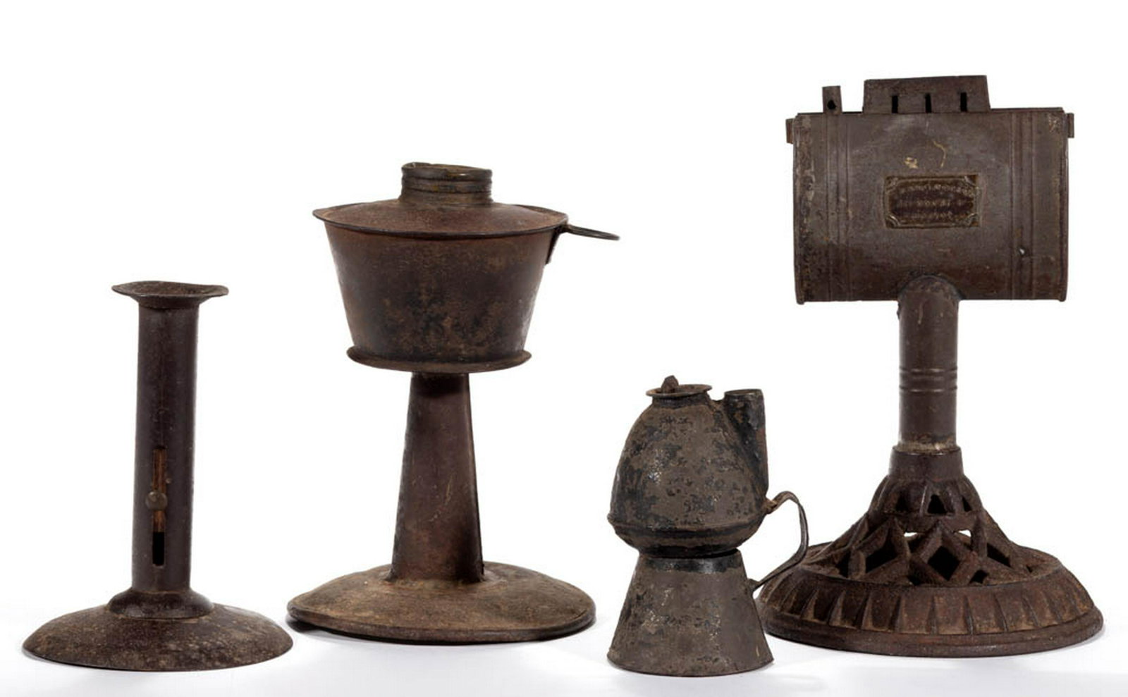 ASSORTED SHEET-IRON LIGHTING ARTICLES, LOT OF FOUR: ASSORTED SHEET-IRON LIGHTING ARTICLES, LOT OF FOUR, comprising a S. N. & H. C. Ufford example with applied brass label marked "S. N. & H. C. UFFORD / 117 COURT ST / BOSTON"; a petticoat example with d