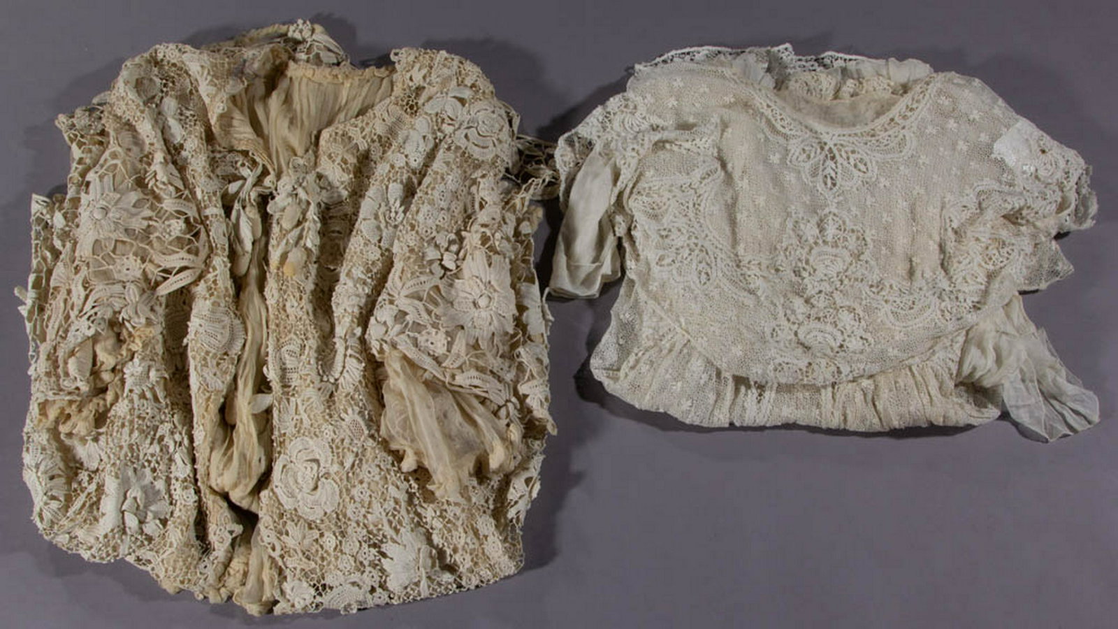 ANTIQUE / VINTAGE WHITE LACE CLOTHING ARTICLES, LOT OF: ANTIQUE / VINTAGE WHITE LACE CLOTHING ARTICLES, LOT OF, comprising a coat with crochet lace and pleated organza lining, and an Edwardian dress having overall shamrock pattern to lace along with intric