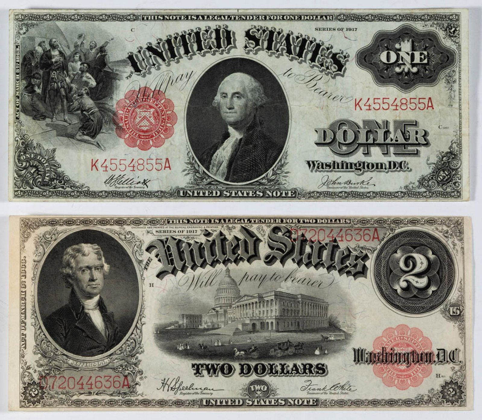 ASSORTED UNITED STATES OBSOLETE CURRENCY LARGE SIZE: ASSORTED UNITED STATES OBSOLETE CURRENCY LARGE SIZE NOTES, LOT OF TWO, series of 1917, comprising a $1 Washington, and a $2 Jefferson. Appear EF ($1) with light folds, and UNC ($2). Not professionally