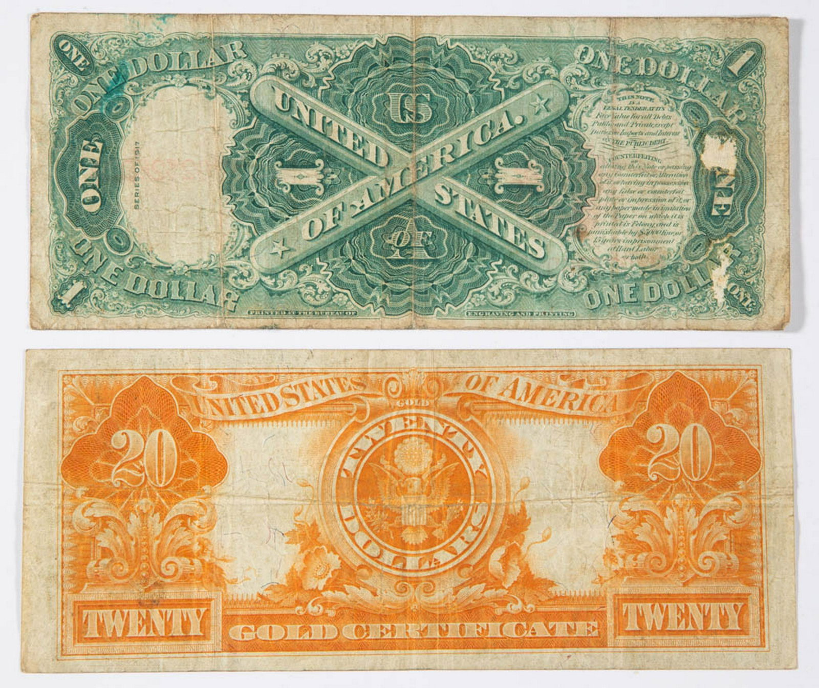 ASSORTED UNITED STATES OBSOLETE CURRENCY LARGE SIZE: ASSORTED UNITED STATES OBSOLETE CURRENCY LARGE SIZE NOTES, LOT OF TWO, comprising a Series of 1917 $1 Washington, and Series of 1922 $20 Washington gold certificate. Appear VF with no holes, tears, or