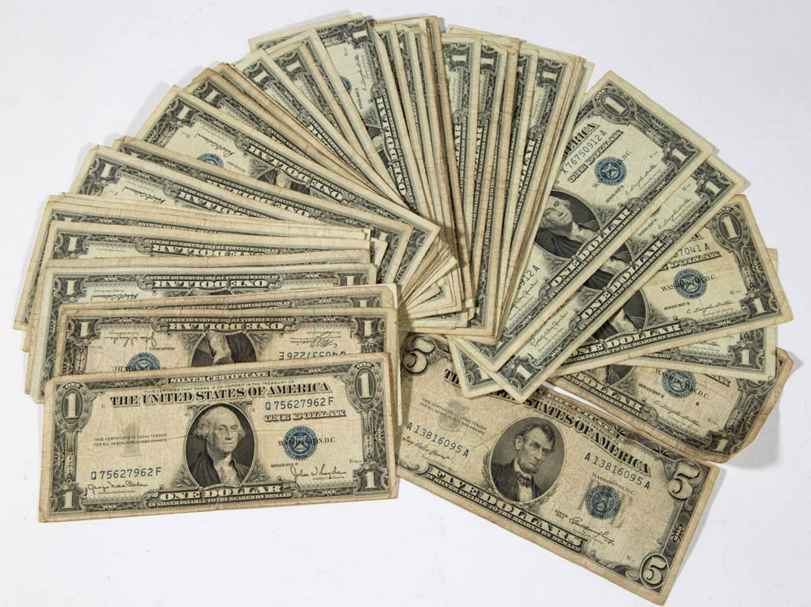 ASSORTED UNITED STATES SILVER CERTIFICATE NOTES, LOT OF: ASSORTED UNITED STATES SILVER CERTIFICATE NOTES, LOT OF 52, comprising one $1 and remainder $1, various 1935, 1953, and 1957 series dates. Circulated condition. Provenance: From a Shenandoah Co, VA pr