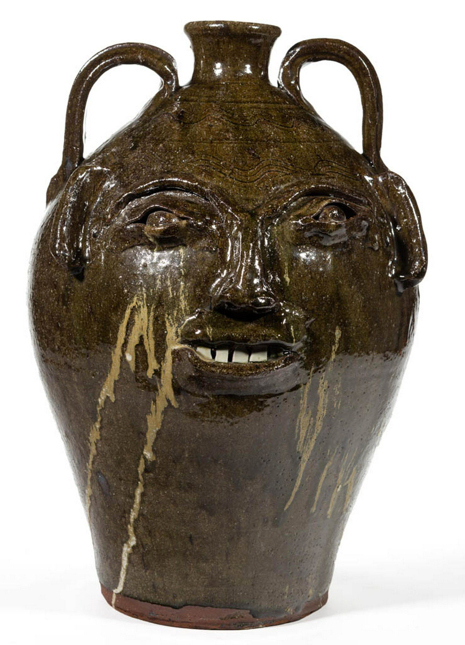STAMPED "B.B. CRAIG / VALE, NC" (1914-2002), NORTH: STAMPED "B.B. CRAIG / VALE, NC" (1914-2002), NORTH CAROLINA STONEWARE LARGE FACE JUG, alkaline-glazed, featuring two rows of incised sine waves encircling shoulder, molded eyebrows, clay eyes with wee