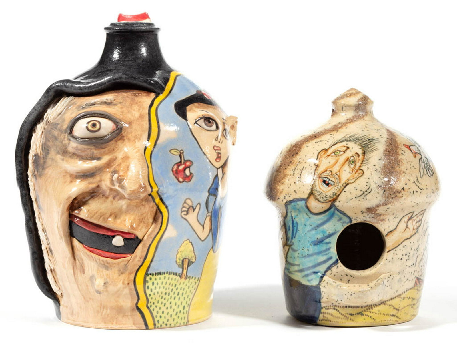 SIGNED "STACY LAMBERT" NORTH CAROLINA EARTHENWARE: SIGNED "STACY LAMBERT" NORTH CAROLINA EARTHENWARE CONTEMPORARY FACE JUG AND BIRD HOUSE, LOT OF TWO, comprising a bright polychrome hand-painted decorated face jug with split face design featuring Snow
