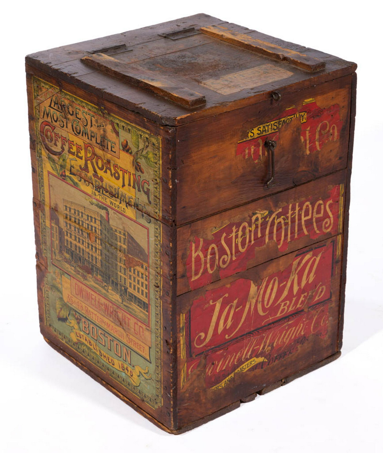 DWINELL-WRIGHT CO. COFFEE ADVERTISING STORE BIN: DWINELL-WRIGHT CO. COFFEE ADVERTISING STORE BIN, "Ja-Mo-Ka" blend, pine case (probably a converted shipping crate) with hinged lid and pasted lithographic decorations. Circa 1890. 21" H, 15" W, 15" D.