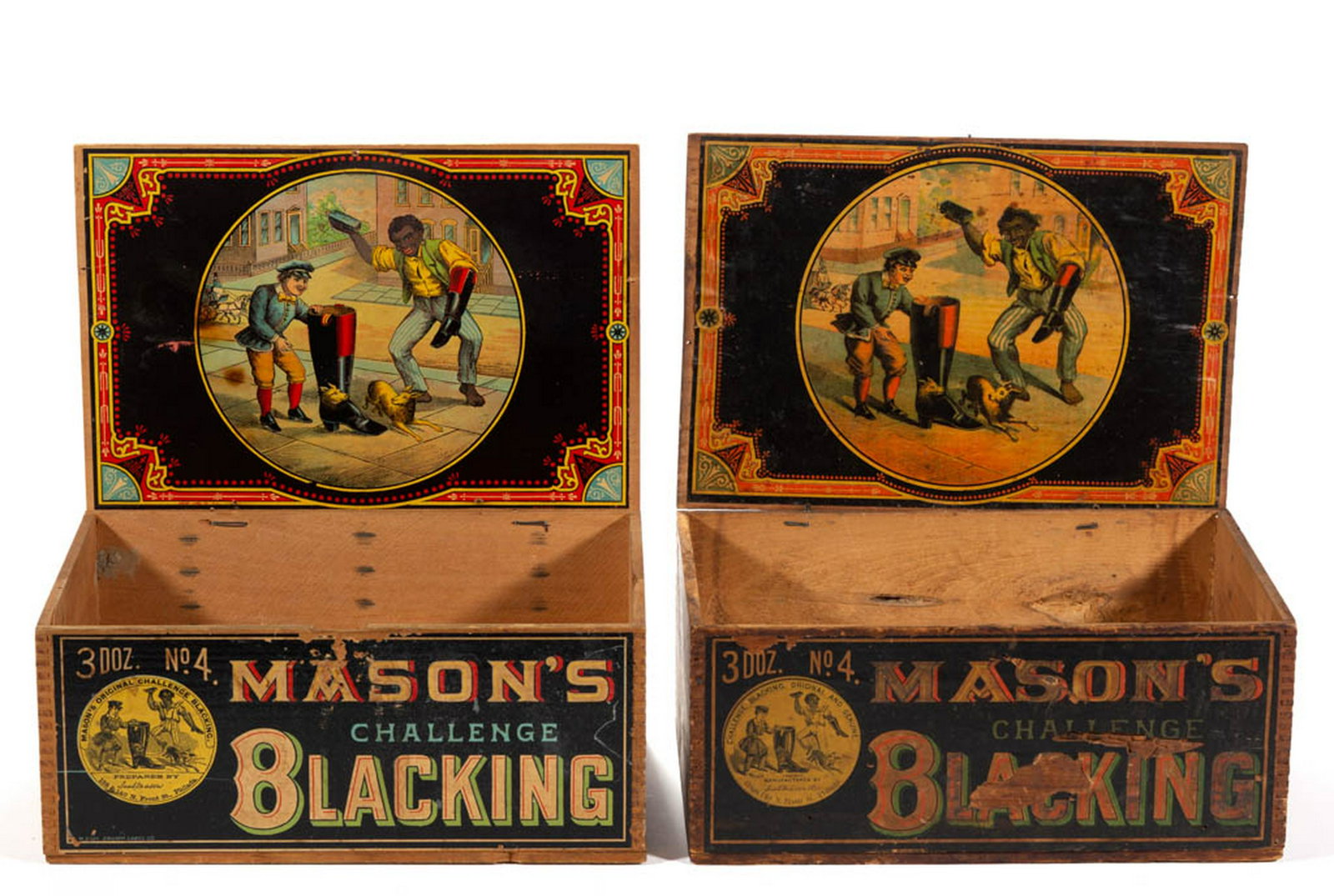 MASON'S BLACKING STORE ADVERTISING DISPLAY BOXES, LOT: MASON'S BLACKING STORE ADVERTISING DISPLAY BOXES, LOT OF TWO, each having hinged lid with interior lithographed label, additional label for Mason's Blacking, 3 Doz. No. 4 on front. Fourth quarter 19th