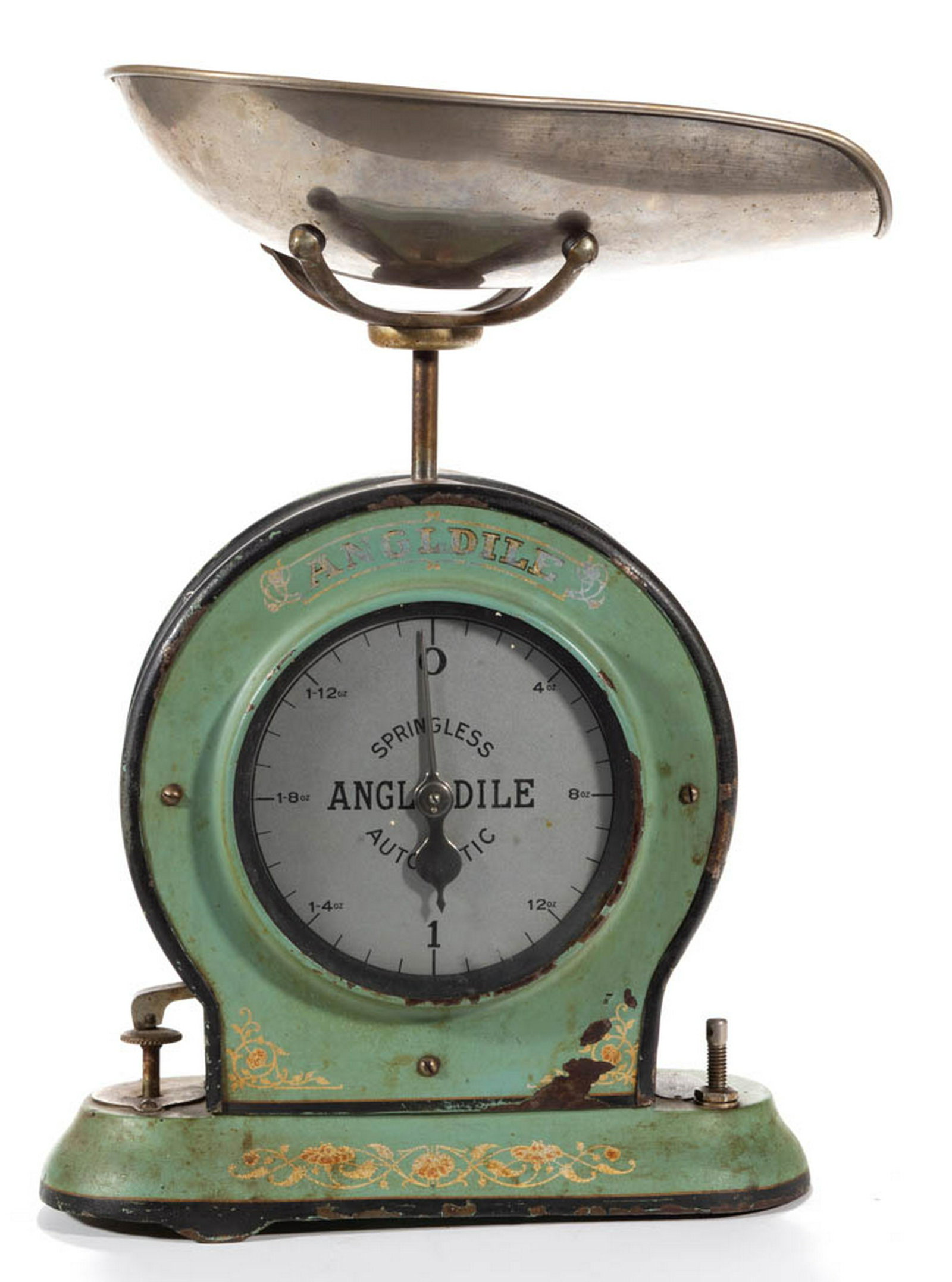 ANGLDILE SPRINGLESS AUTOMATIC COUNTRY STORE CANDY SCALE: ANGLDILE SPRINGLESS AUTOMATIC COUNTRY STORE CANDY SCALE, "headlamp" form with original green paint and transfer decal decoration, retains likely original pan / scoop, attached plaque marked "Angldile 