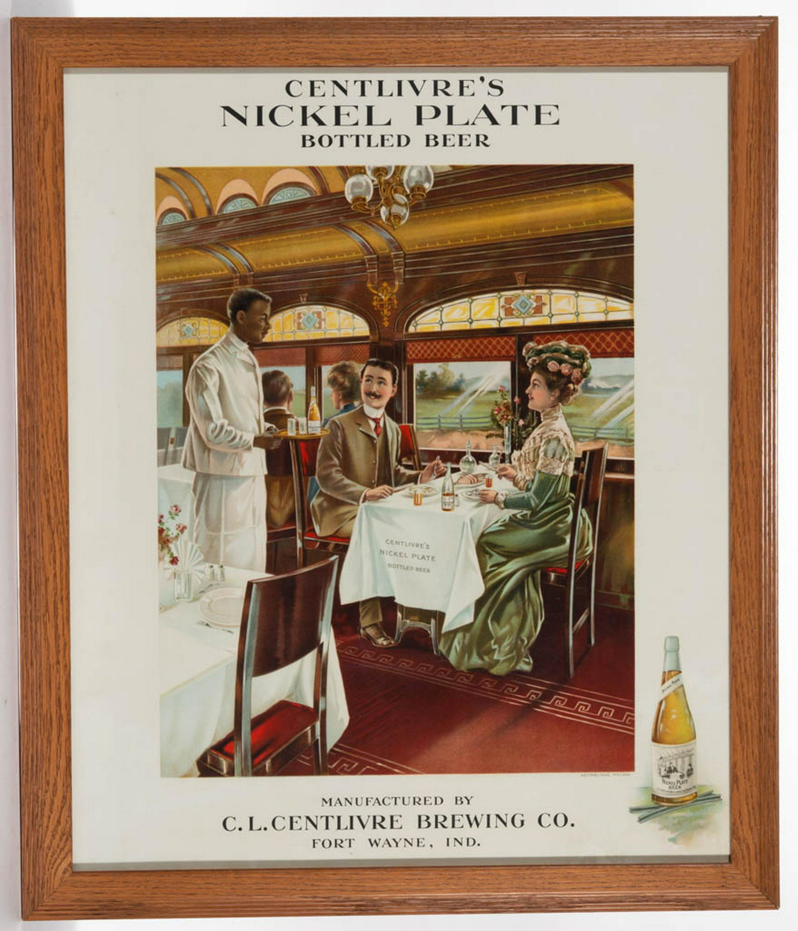 CENTLIVRE'S NICKEL PLATE BOTTLED BEER ADVERTISING: CENTLIVRE'S NICKEL PLATE BOTTLED BEER ADVERTISING POSTER / SIGN, chromolithograph on paper, vibrant, detailed depiction of a well-dressed couple dining in a well-appointed railroad car. Housed under g