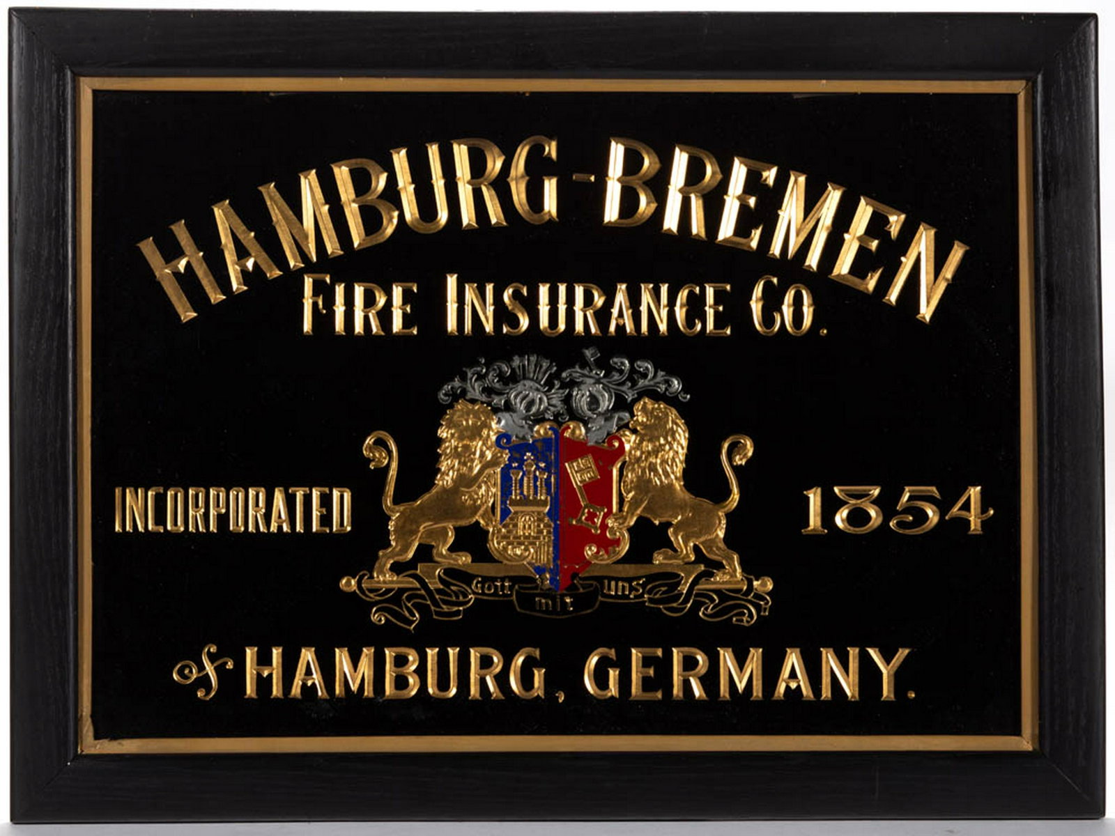 HAMBURG-BREMEN FIRE INSURANCE REVERSE-PAINTED GLASS: HAMBURG-BREMEN FIRE INSURANCE REVERSE-PAINTED GLASS TRADE / ADVERTISING SIGN, with the Hamburg coat of arms. Housed in an old oak frame with a black- and gilt-painted surface. Late 19th/First quarter 