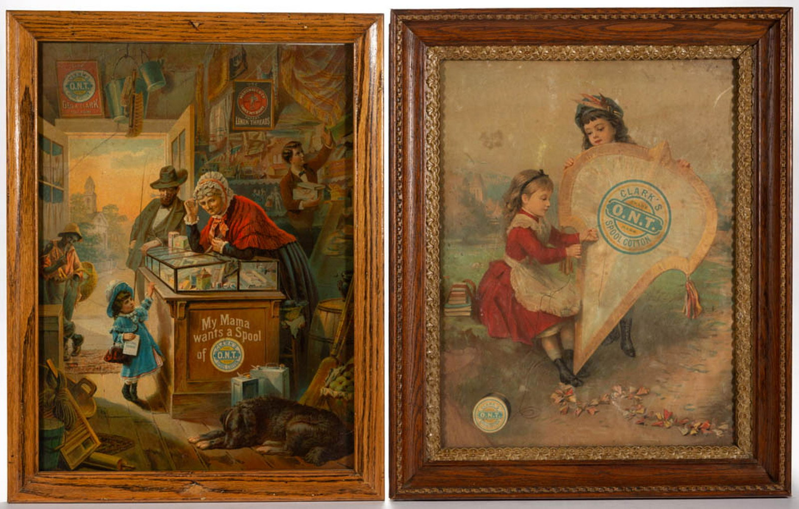 CLARK'S ONT SPOOL COTTON ADVERTISING SIGNS / POSTERS,: CLARK'S ONT SPOOL COTTON ADVERTISING SIGNS / POSTERS, LOT OF TWO, chromolithograph on paper, comprising one example depicting a child at the counter in a country store, and another depicting two girls