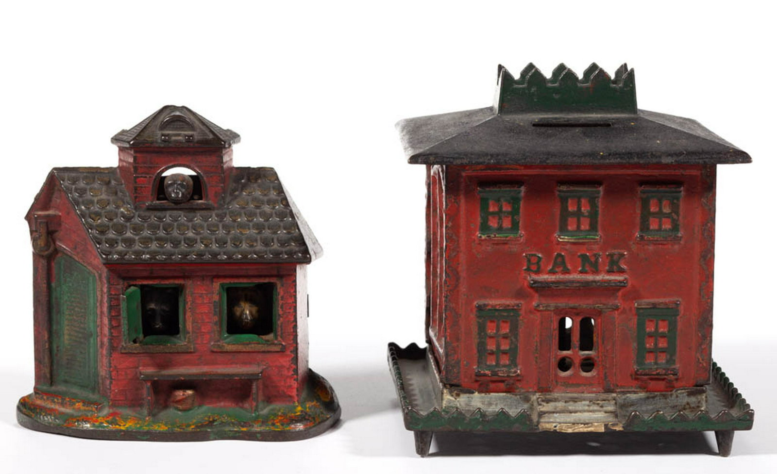 "ZOO" CAST-IRON MECHANICAL BANK: "ZOO" CAST-IRON MECHANICAL BANK, back embossed "'ZOO" / BANK / PRESS THE MONKEY" and "134". Together with a Crown "BANK" on legs cast-iron still bank. Two pieces total. Both with excellent original pa