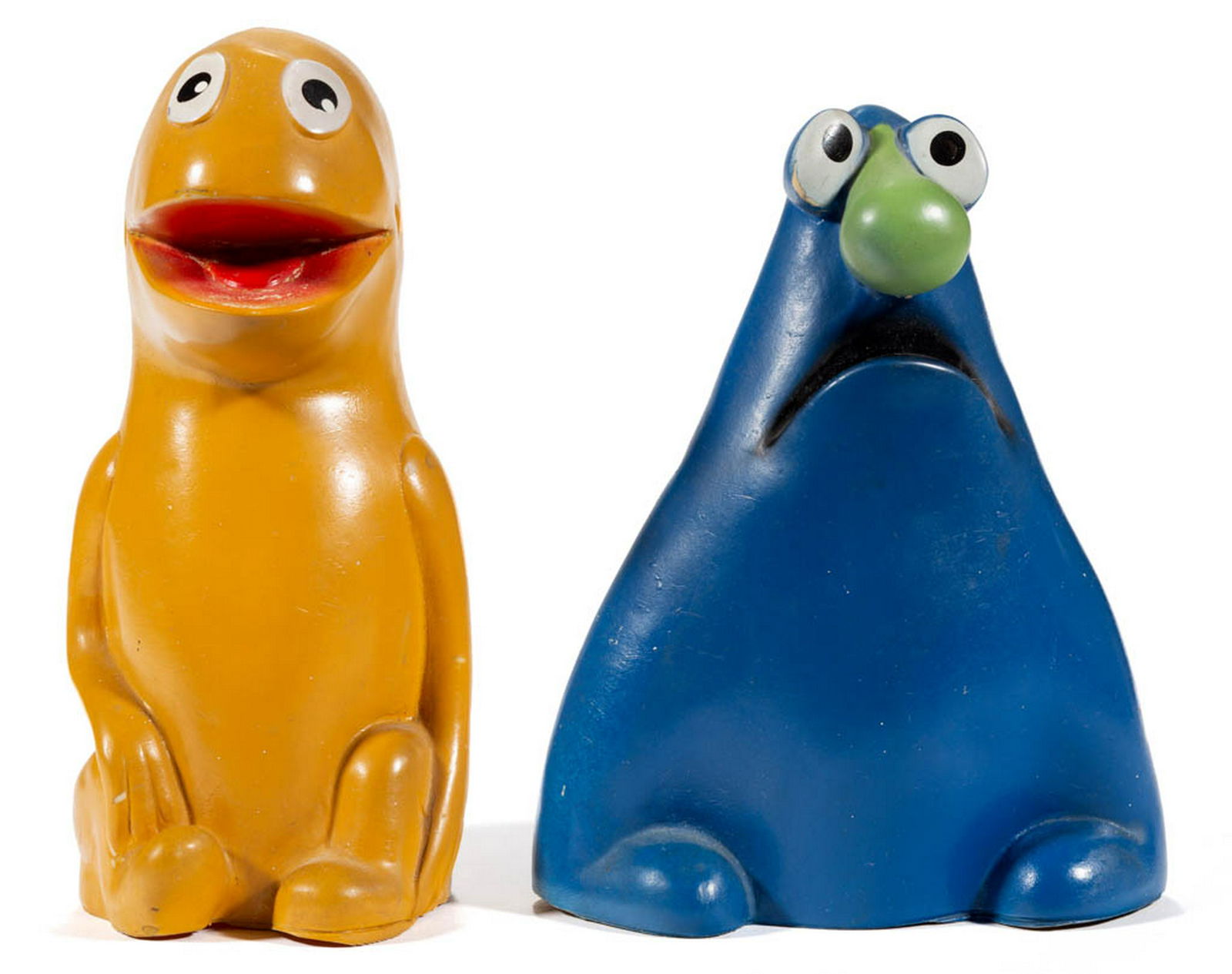 JIM HENSON'S WILKIN'S COFFEE PROMOTIONAL HAND MUPPETS,: JIM HENSON'S WILKIN'S COFFEE PROMOTIONAL HAND MUPPETS, LOT OF TWO, featuring Wilkins (yellow) and Wontkins (blue), and each stamped on the back "WONTKINS" and "WILKINS" with "Â© 1958 John M. Wilkins