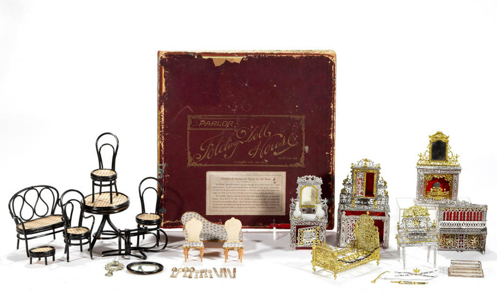 MCLOUGHLIN BROS. FOLDING DOLL HOUSE WITH ASSORTED: MCLOUGHLIN BROS. FOLDING DOLL HOUSE WITH ASSORTED FURNITURE AND ACCESSORIES, UNCOUNTED LOT, more than 30 pieces, doll house made of eight board with canvas supports having applied lithographed paper s