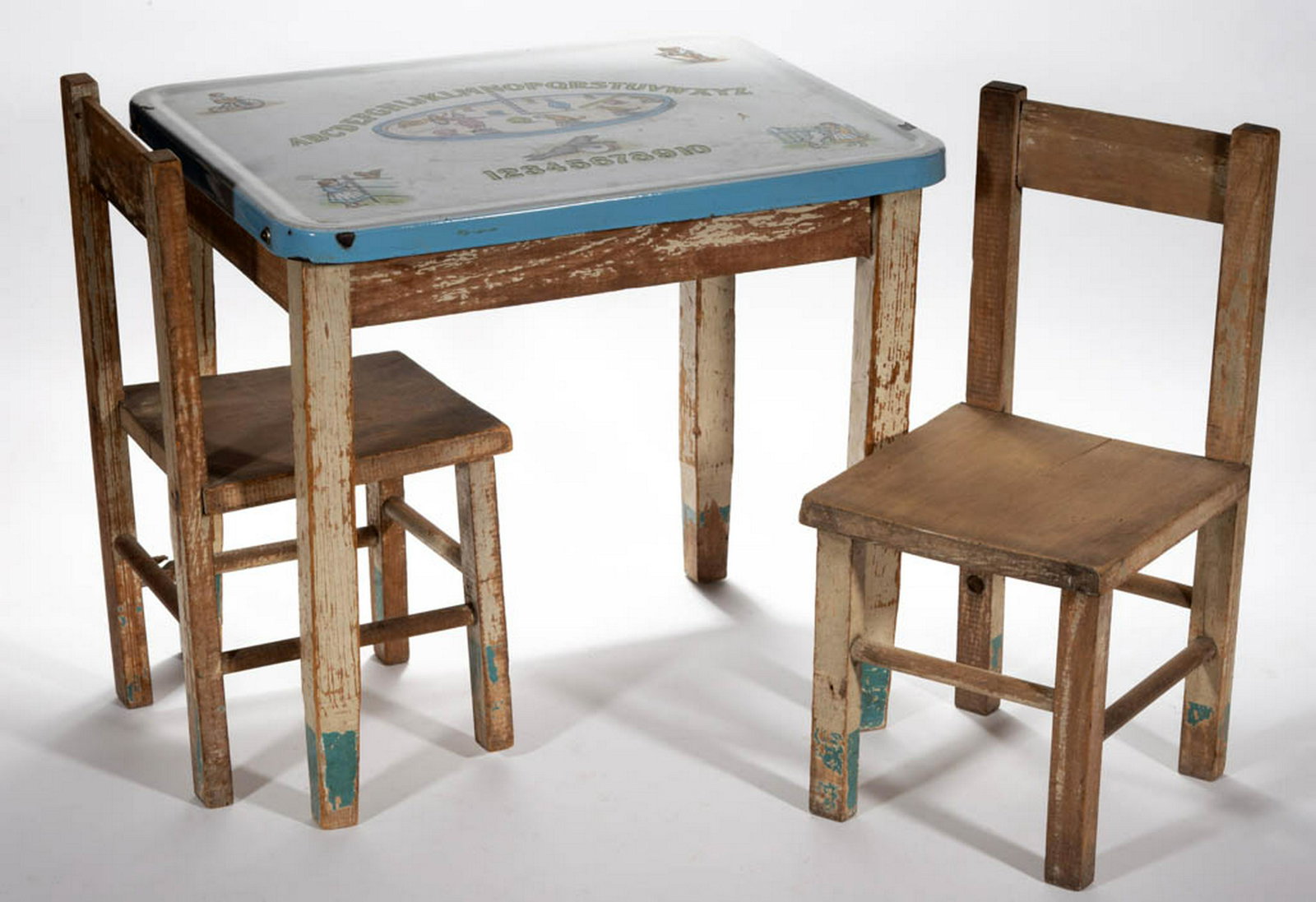 VINTAGE CHILD'S ENAMEL-TOP TABLE AND CHAIRS, LOT OF: VINTAGE CHILD'S ENAMEL-TOP TABLE AND CHAIRS, LOT OF THREE, comprising a table having enameled metal top featuring printed imagery of the alphabet and numerals, a circus-themed center vignette, and fou